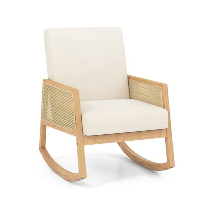 Glider Rocking Chair Single Accent Chair W/ Rattan Armrests Upholstered Cushion