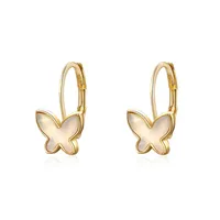 14k Yellow Gold Plated With Mother Of Pearl Butterfly Inlay Dangle Drop Leverback Earrings