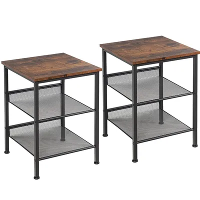 Set Of 2 3-tier Industrial End Side Table Nightstand W/2 Adjustable Shelves
