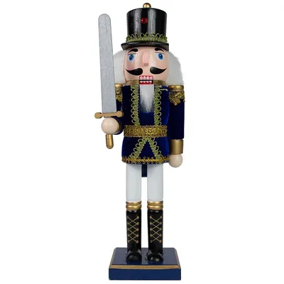 14" Blue And White Christmas Nutcracker Soldier With Sword Tabletop Decor