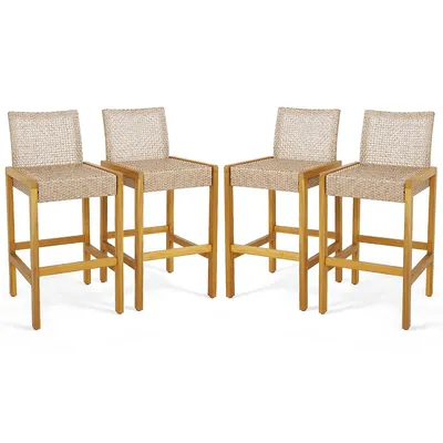 Set Of Patio Wood Barstools Rattan Bar Height Chairs With Backrest Porch Balcony