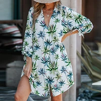 Women's Leaf Print Buttoned Shirt Dress