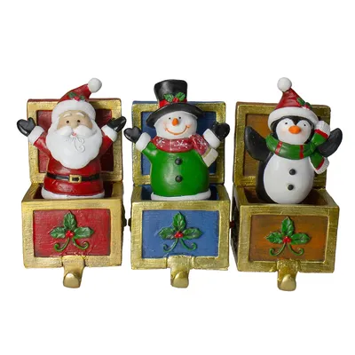 Set Of 3 Santa, Snowman And Penguin Jack In The Box Christmas Stocking Holders