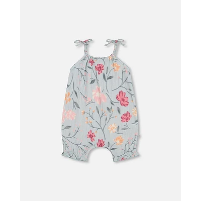 Printed Muslin Romper Light Blue With Romantic Flowers