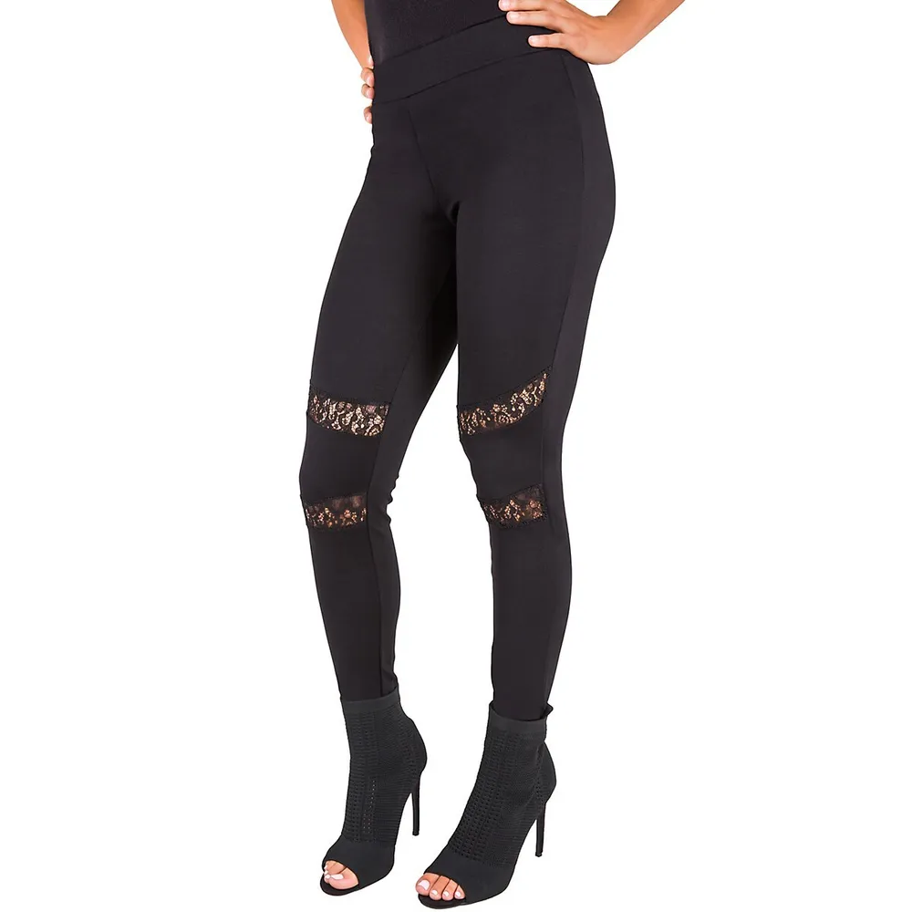 Poetic Justice Curvy Women's Black Peekaboo Lace Insets Pull On Ponte  Legging Size S at  Women's Clothing store