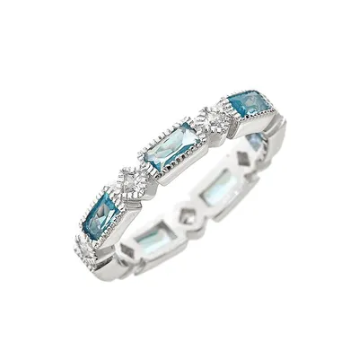 Sterling Silver Blue Topaz Cz Victorian Band Ring