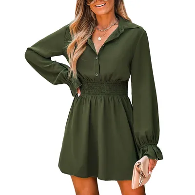 Women's Olive Green Smocked Button-front Mini Dress