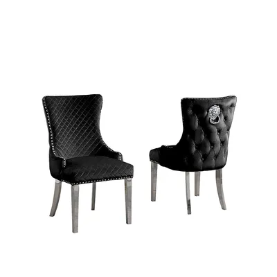 Royal Velvet Dining Chairs (set Of 2) - Lion Back Knocker, Button Tufted Upholstered Silver Legs And Finish