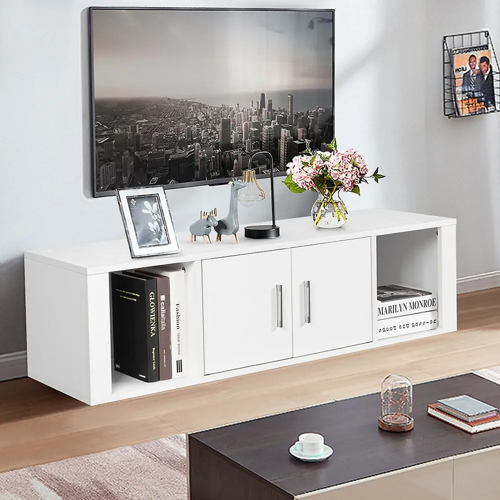 Wall Mounted Floating Media Storage Cabinet Hanging Desk Hutch W/door White