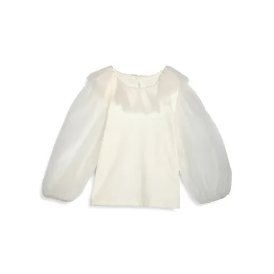 Little Girl's Party Tulle-Sleeve Blouse