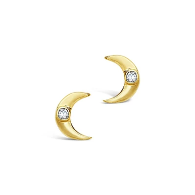 14k Gold Moon Stud Earrings With Diamond Stud