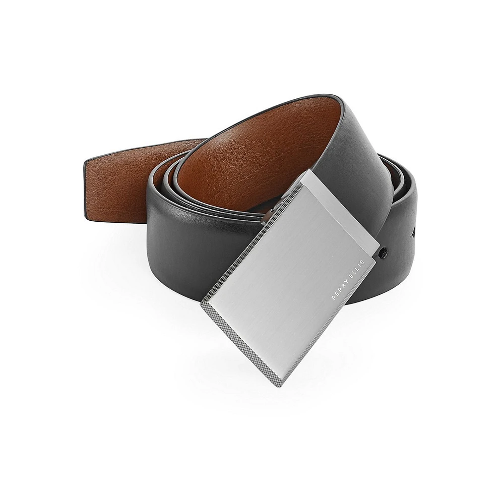 Reversible Patterned Plaque Buckle Leather Belt