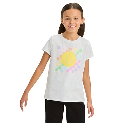 Girl's Checkerboard Smiley-Graphic T-Shirt