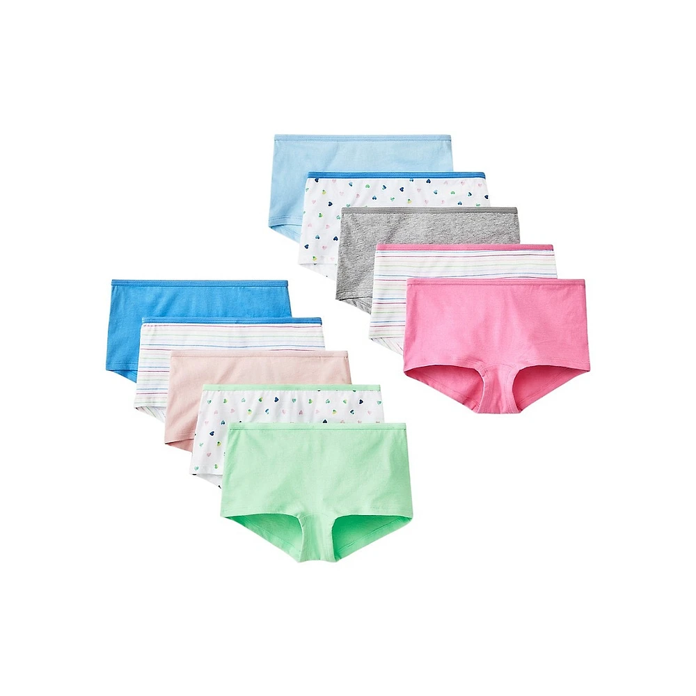 Girl's 10-Pack Heart & Striped Cotton Boyshorts