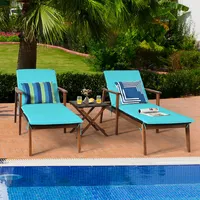 3pcs Patio Rattan Lounge Chair Folding Table Set Chaise Wood Cushioned