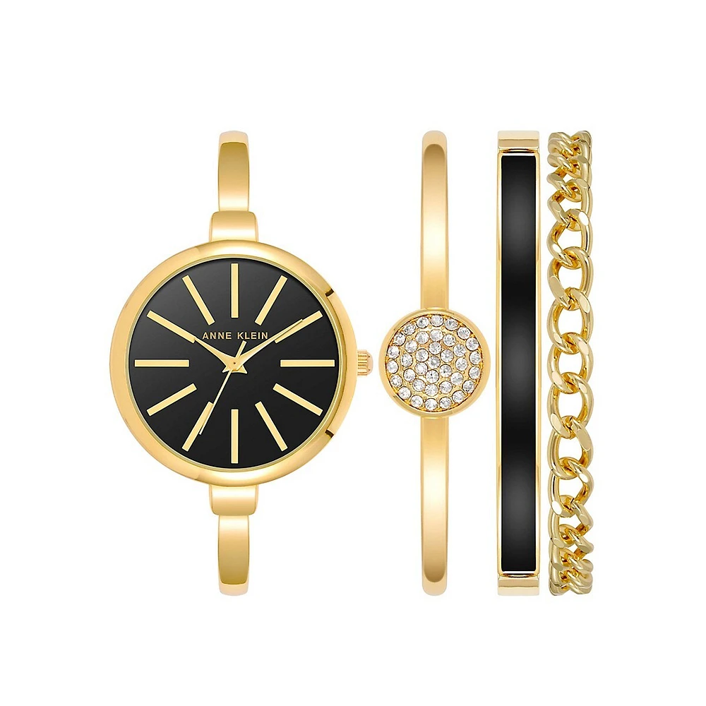 Goldtone, Blacktone Metal & Crystal 3-Piece Bangle Watch Set AK-1470GBST