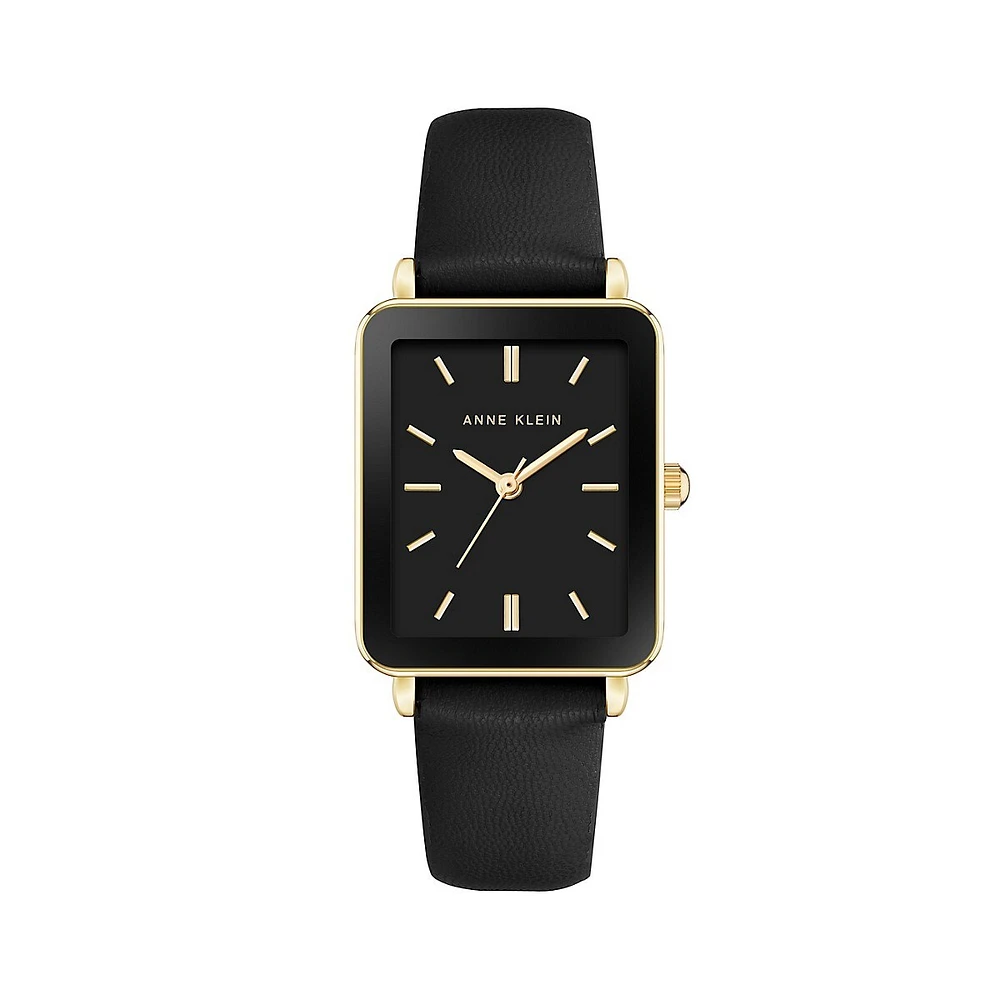 Goldtone & Black Vegan Leather Strap Watch AK-3702BKBK