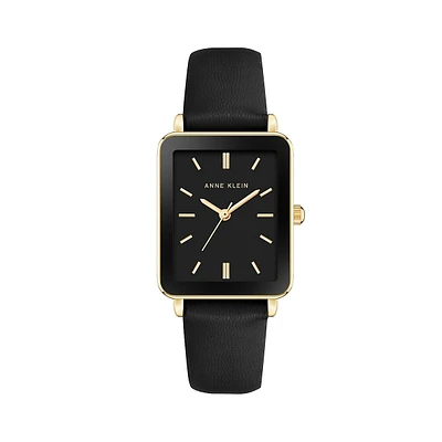 Goldtone & Black Vegan Leather Strap Watch AK-3702BKBK