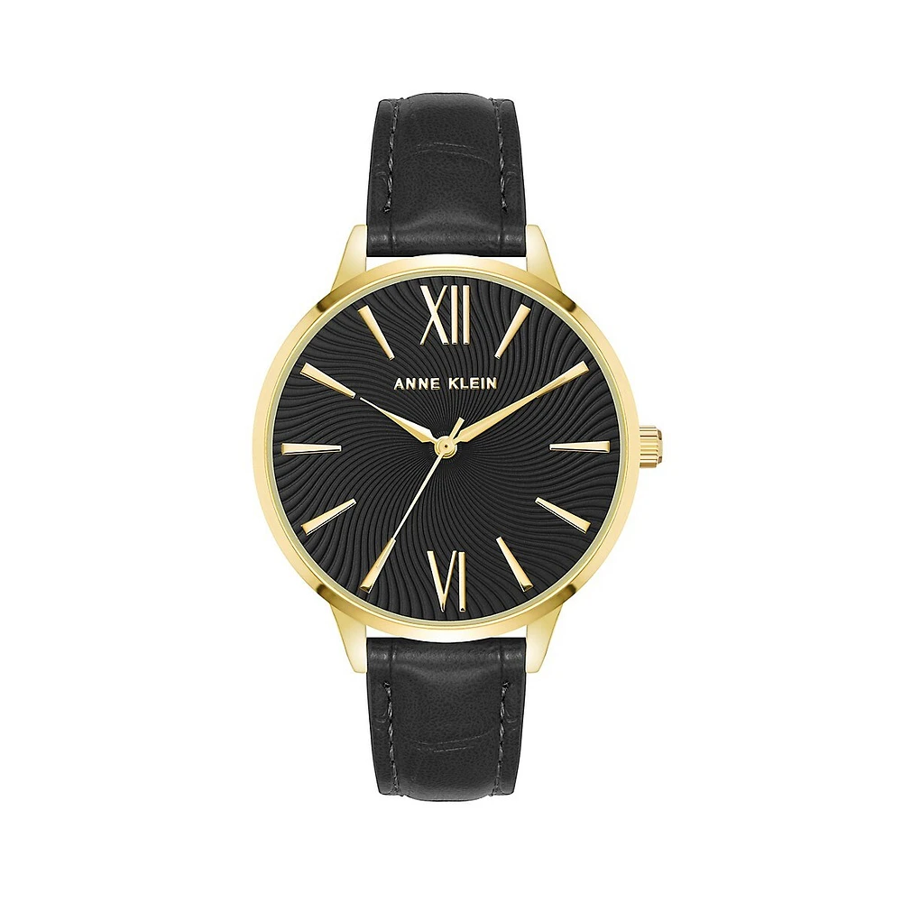 Goldtone Metal & Black Vegan Leather Strap Watch AK-4192GPBK