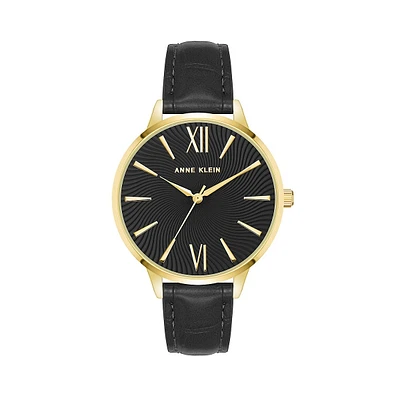 Montre en métal doré et bracelet en cuir vegan noir AK-4192GPBK