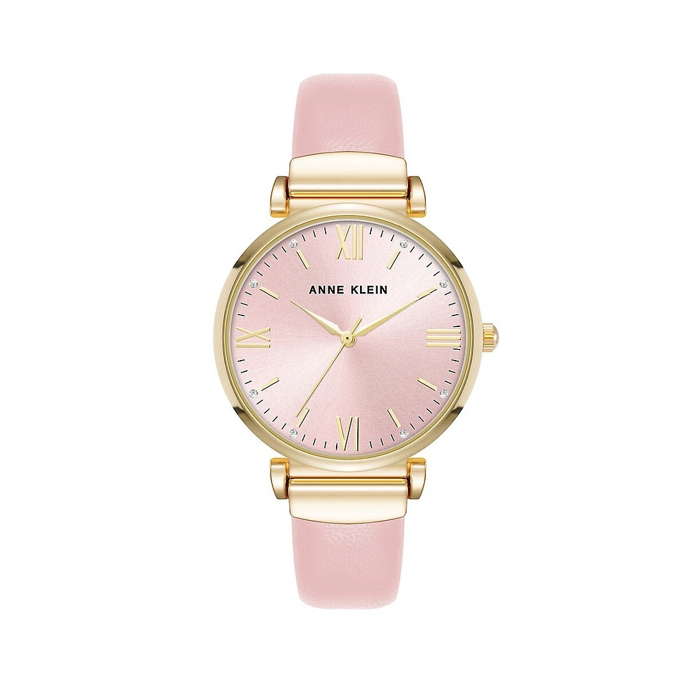 Goldtone Metal & Pink Vegan Leather Watch AK-5092GPPK