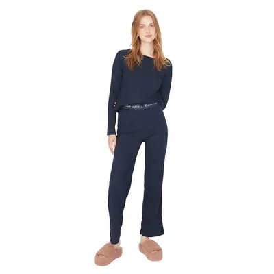 Women Plain Striped Detailed Middle Knit T-shirt-trousers Pajama Set