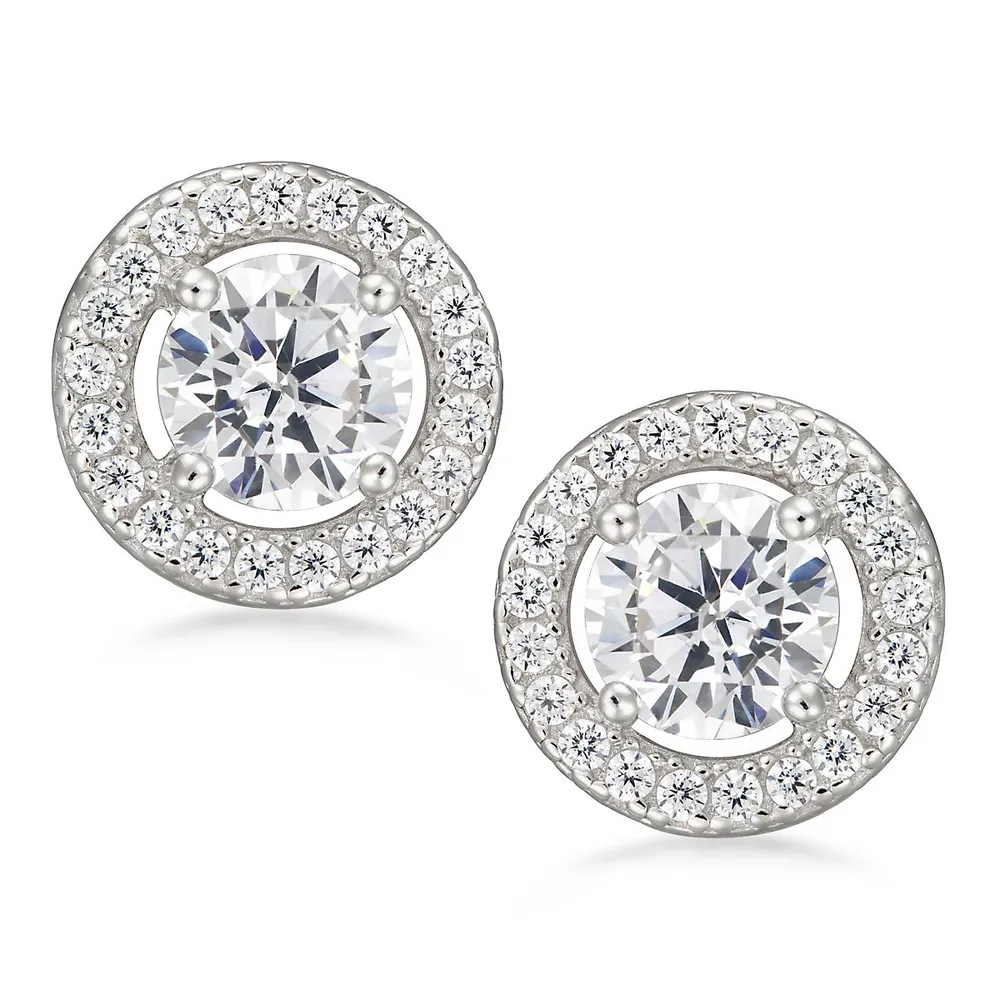 Sterling Silver Rhodium Finish With Cz Halo Stud Earrings