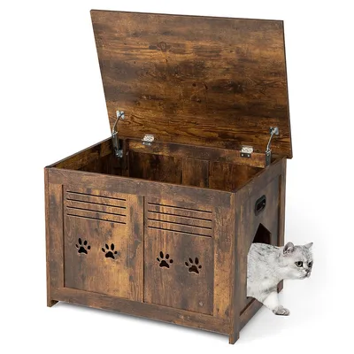 Wooden Cat Litter Box Enclosure Flip-top Hidden Washroom Bench W/ Side Entrance