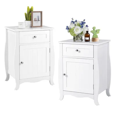 2pcs Nightstand With Drawer Cabinet Curved Legs Sofa Side End Accent Table White
