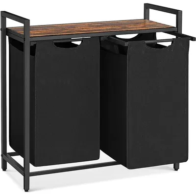 Laundry Hamper Sorter With 2 Bags, Metal Frame And Rustic Brown/black Shelf