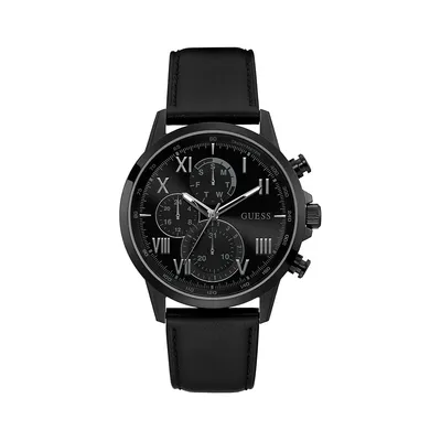 Black Polished Stainless Steel & Leather Strap Multifunction Watch GW0011G2