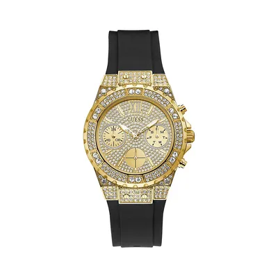 Montre chronographe à bracelet en silicone noir avec boîtier doré et cristaux Swarovski