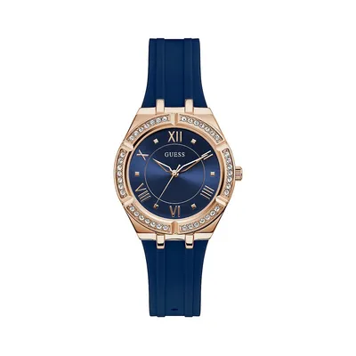 Embellished Rose Goldtone Blue Silicone Watch