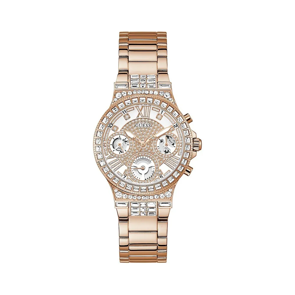 Rose Goldtone Stainless Steel & Crystal Pavé Link Bracelet Watch ​GW0320L3