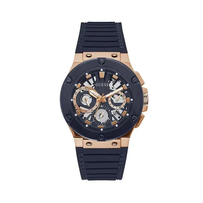 Montre-bracelet chronographe ajourée bleu marine et rose doré, GW0487G4