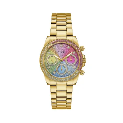 Montre-bracelet chronographe en acier inoxydable doré avec cristaux arc-en-ciel, GW0483L4