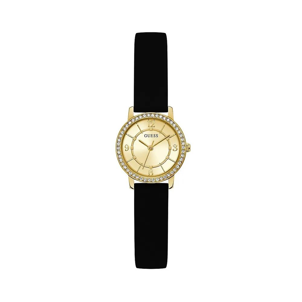 Embellished Goldtone & Black Silicone Analog Watch GW0469L3