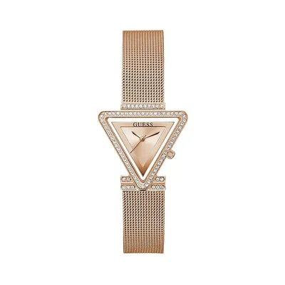 Montre en acier inoxydable rose doré avec boîtier à logo et à cristaux et à bracelet milanais, GW0508L3