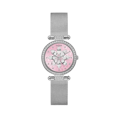 Montre à bracelet en mailles scintillantes rose cristal et acier inoxydable GW0032L3