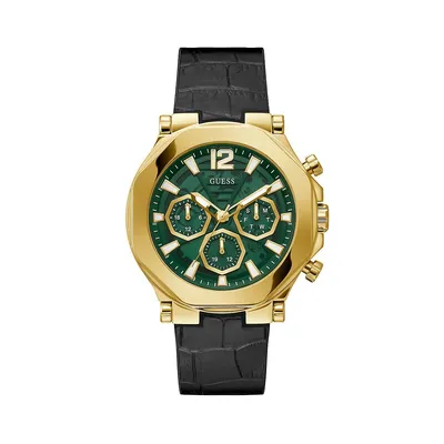 Montre chronographe en acier inoxydable doré avec bracelet en cuir et en silicone, GW0492G3