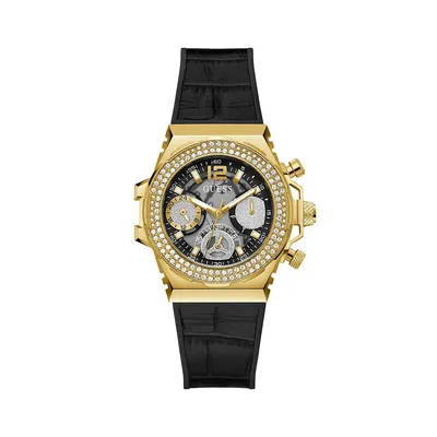 Montre chronographe en acier inoxydable avec bracelet en cuir et pavé de cristaux GW0553L4