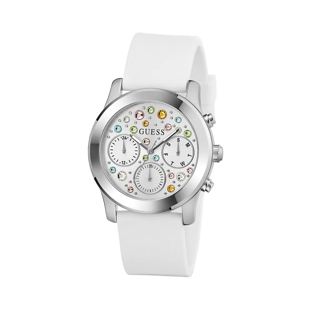 Multicolour Crystal, Stainless Steel & Silicone Strap Multifunction Watch GW0560I1