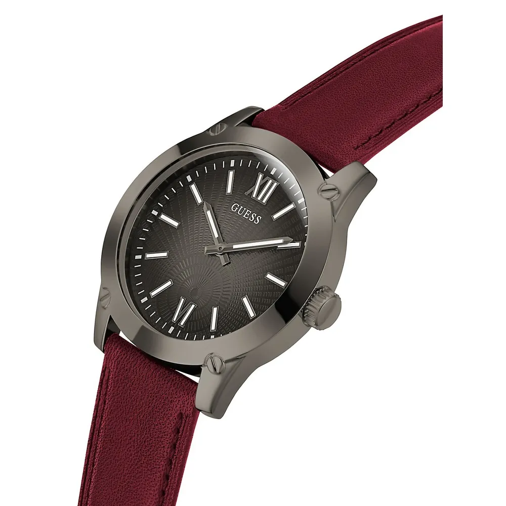 Gunmetal Stainless Steel & Burgundy Leather Strap Watch GW0628G4