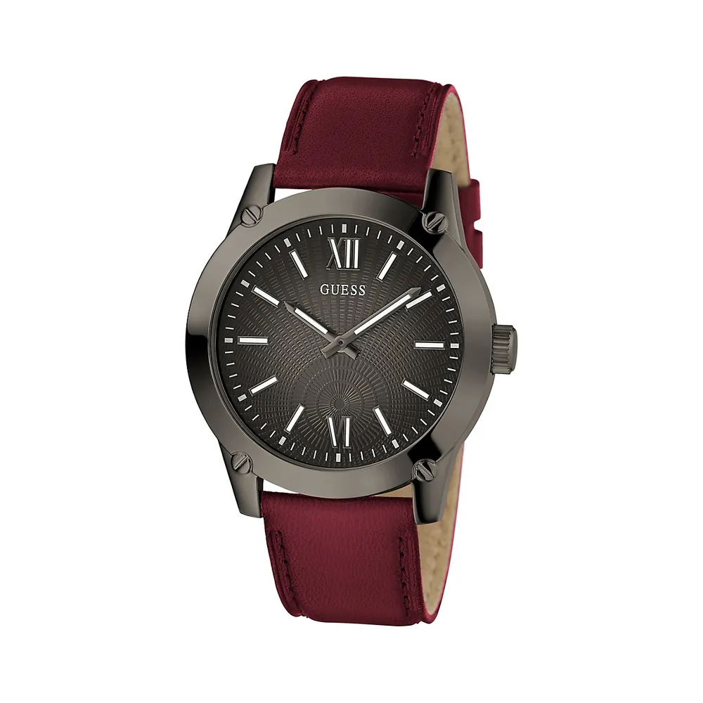 Gunmetal Stainless Steel & Burgundy Leather Strap Watch GW0628G4