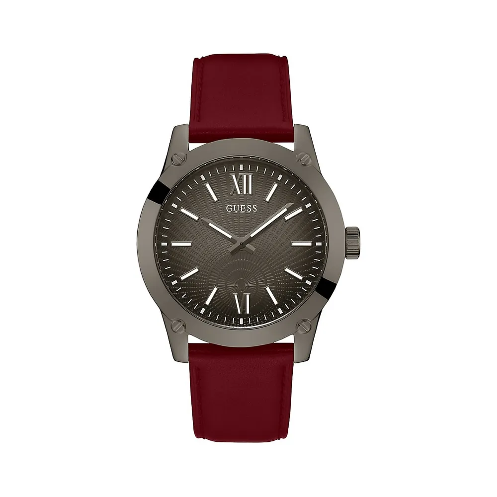 Gunmetal Stainless Steel & Burgundy Leather Strap Watch GW0628G4