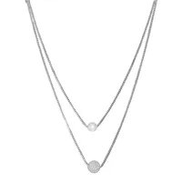 Karly Sterling Silver Rhodium Plated Double Layer Cubic Zirconia Pave Ball & Genuine White Pearl Necklace