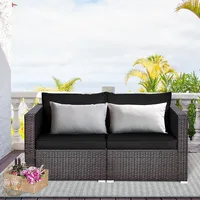 2pcs Patio Rattan Corner Sofa Sectional Furniture Set Black Cushion