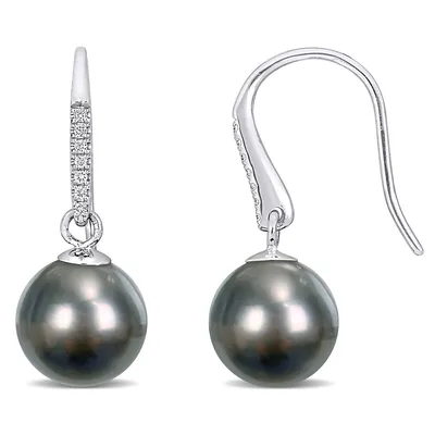 Tahitian Cultured Pearl And Diamond Accent Shepherd Drop Hook Earrings In 14k White Gold
