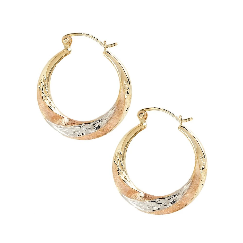 14K Tri Colour Swirl Design Hoop Earrings