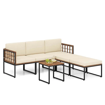 6 Pcs Acacia Wood Patio Furniture Set Outdoor Sectional Conversation Sofa Set Beige